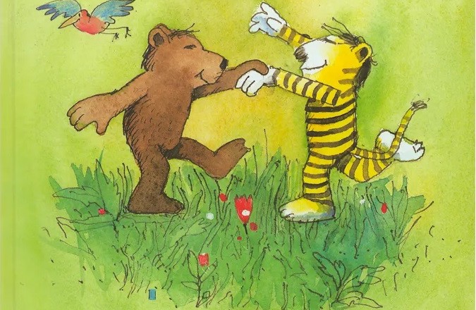 Utsnitt fra bokomslaget - en tiger og en bjørn danser i gresset
