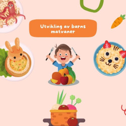 Illustrasjon av mat og smilende barn som spiser.