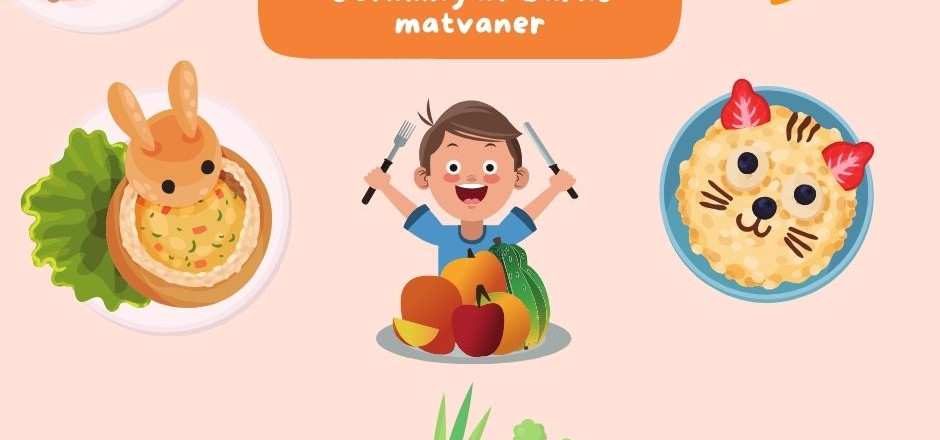 Illustrasjon av mat og smilende barn som spiser.