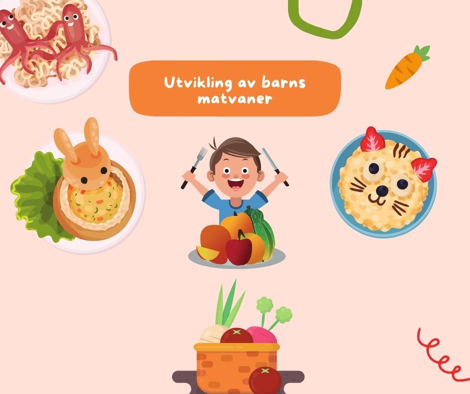 Illustrasjon av mat og smilende barn som spiser.