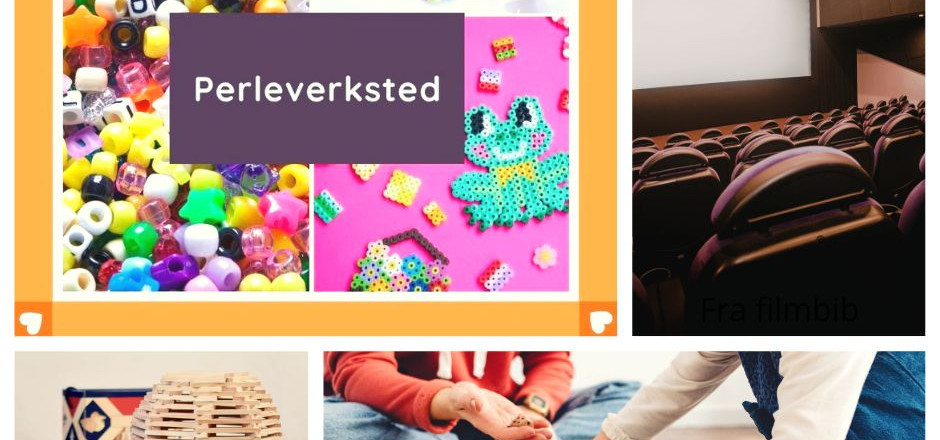 Collage av foto: Perler, kinosal, Kapla-spill, barn som spiller brettspill.