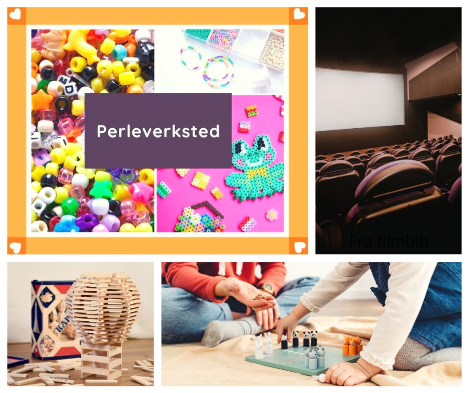 Collage av foto: Perler, kinosal, Kapla-spill, barn som spiller brettspill.