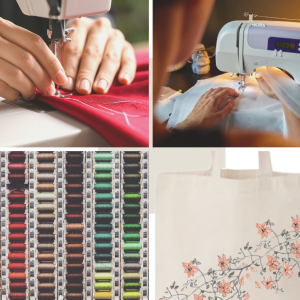 Collage av foto: Symaskin, nærbilde av hender som syr på symaskin, tøyveske og trådsneller.