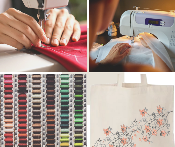 Collage av foto: Symaskin, nærbilde av hender som syr på symaskin, tøyveske og trådsneller.
