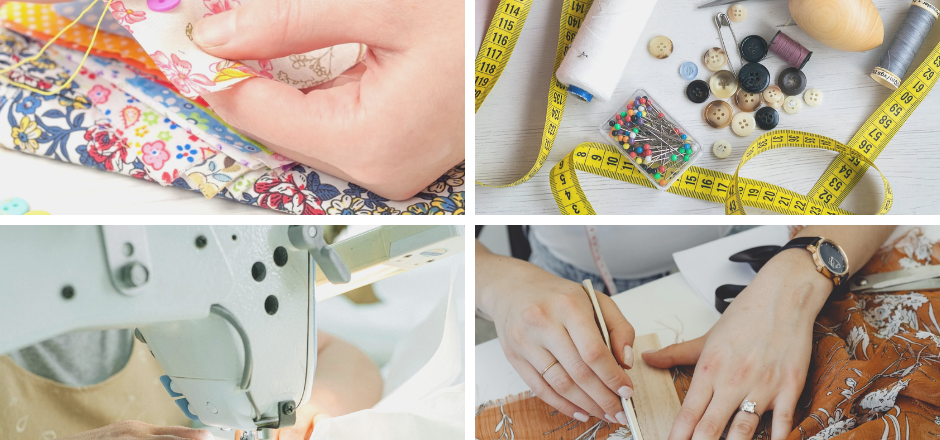 Collage av nærbilder av hender som syr på maskin eller for hånd.
