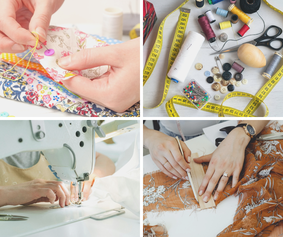 Collage av nærbilder av hender som syr på maskin eller for hånd.