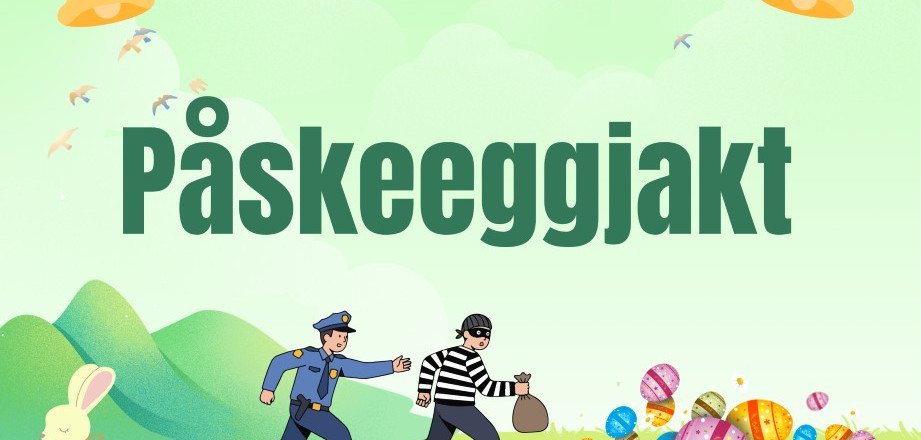 Illustrasjon av politimann som jakter på en røver. Illustrasjoner av påskegg og påskehare.