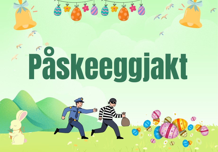 Illustrasjon av politimann som jakter på en røver. Illustrasjoner av påskegg og påskehare.