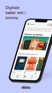 Mobiltelefon som viser noen av bøkene du kan lese i Biblio.
